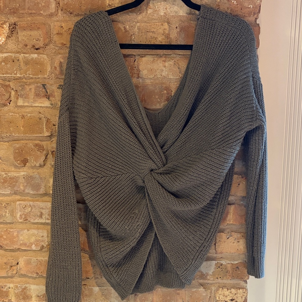 Gray Twist Front Knit Sweater